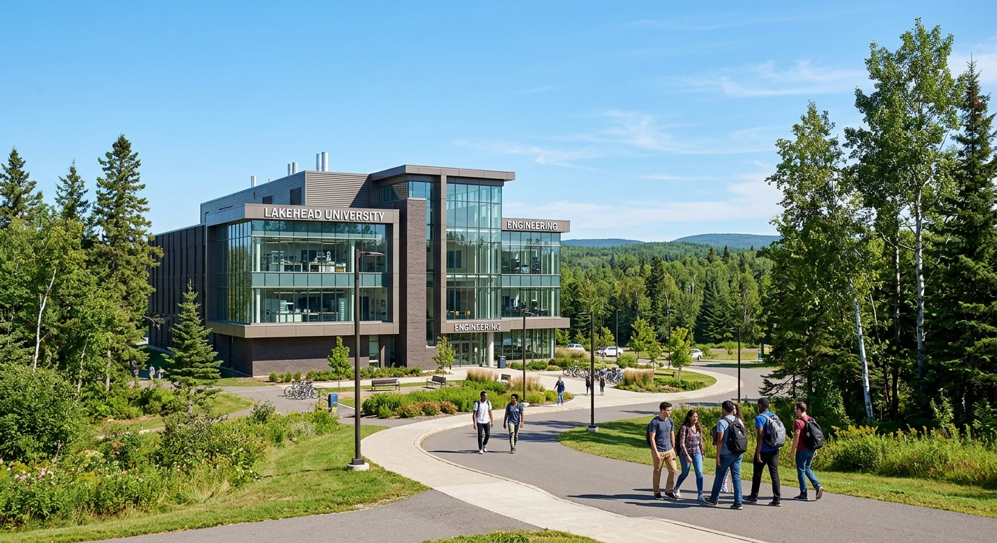 Lakehead University Thunder Bay campus engineering building with modern laboratories, surrounded by Northern Ontario boreal forest landscape, students walking on campus pathways under clear skies