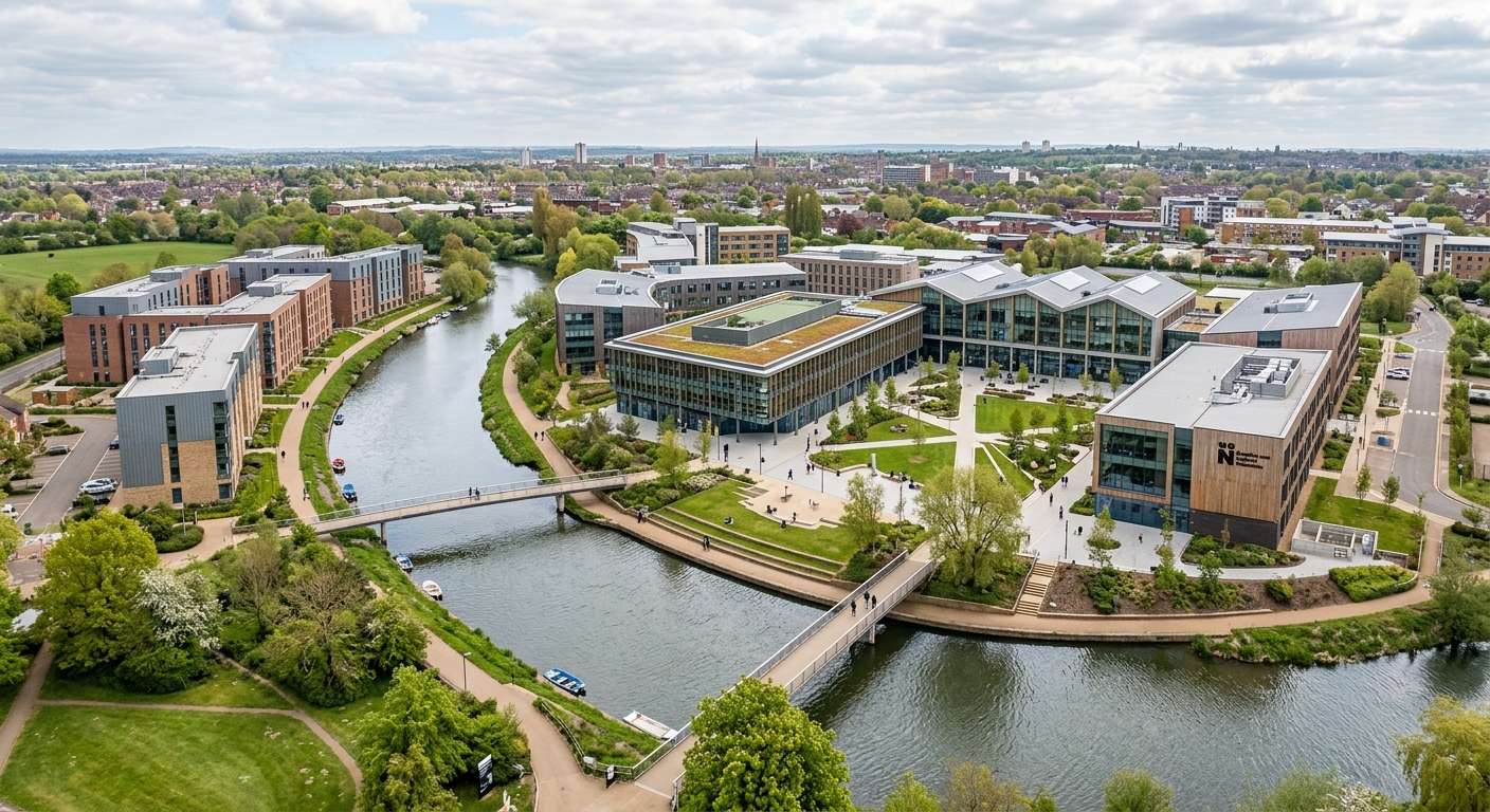 University of Northampton Waterside Campus wide aerial view showing modern academic buildings along the River Nene, pedestrian bridges, landscaped courtyards, and student residences under soft daylight