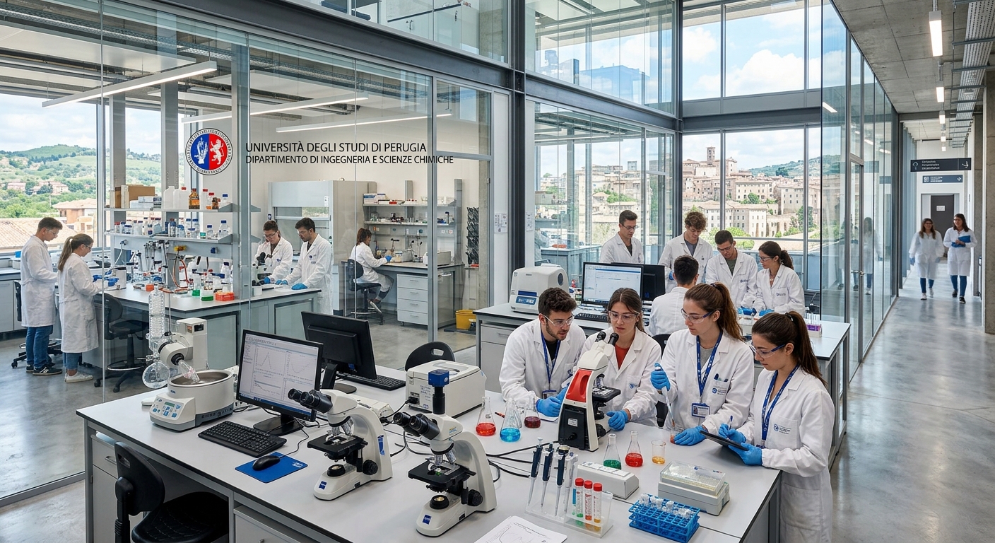 Modern science and engineering laboratories at the University of Perugia, bright interior with students working at lab benches, contemporary equipment and glass walls