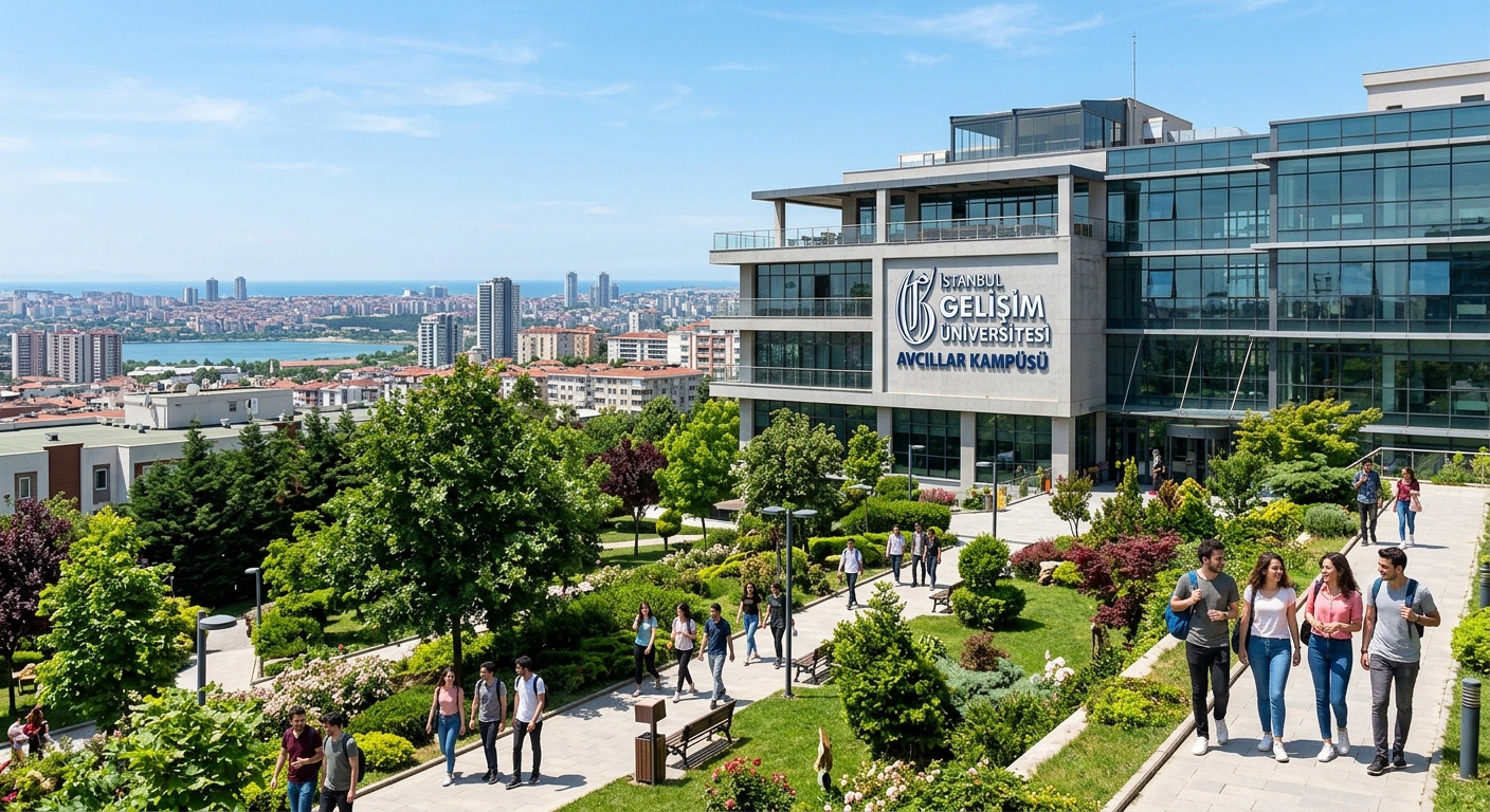 Istanbul Gelisim University modern campus building in Avcilar district with students walking through green courtyard, Istanbul cityscape in background, clear blue sky