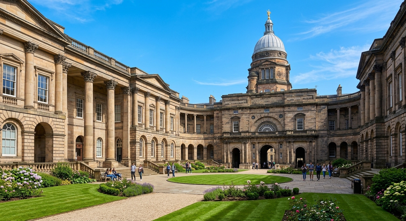 University of Edinburgh Old College quadrangle with neoclassical stone columns, dome roof, and manicured courtyard garden under clear blue sky