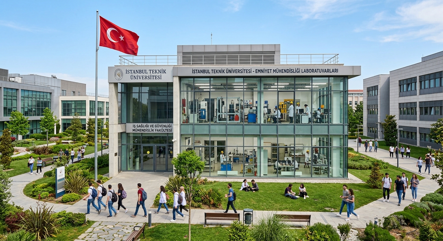 Modern university campus building in Istanbul with safety engineering laboratory equipment visible through glass windows, Turkish flag, green landscaped courtyard, students walking between buildings under clear blue sky