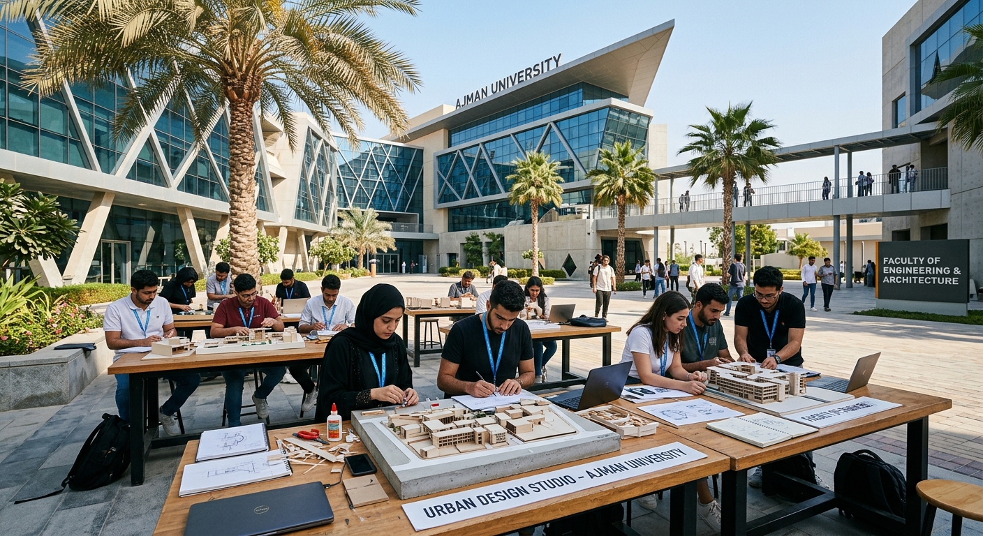 Ajman University modern campus with contemporary architecture buildings, palm trees, and urban design studio spaces, students working on architectural models under bright UAE sunlight