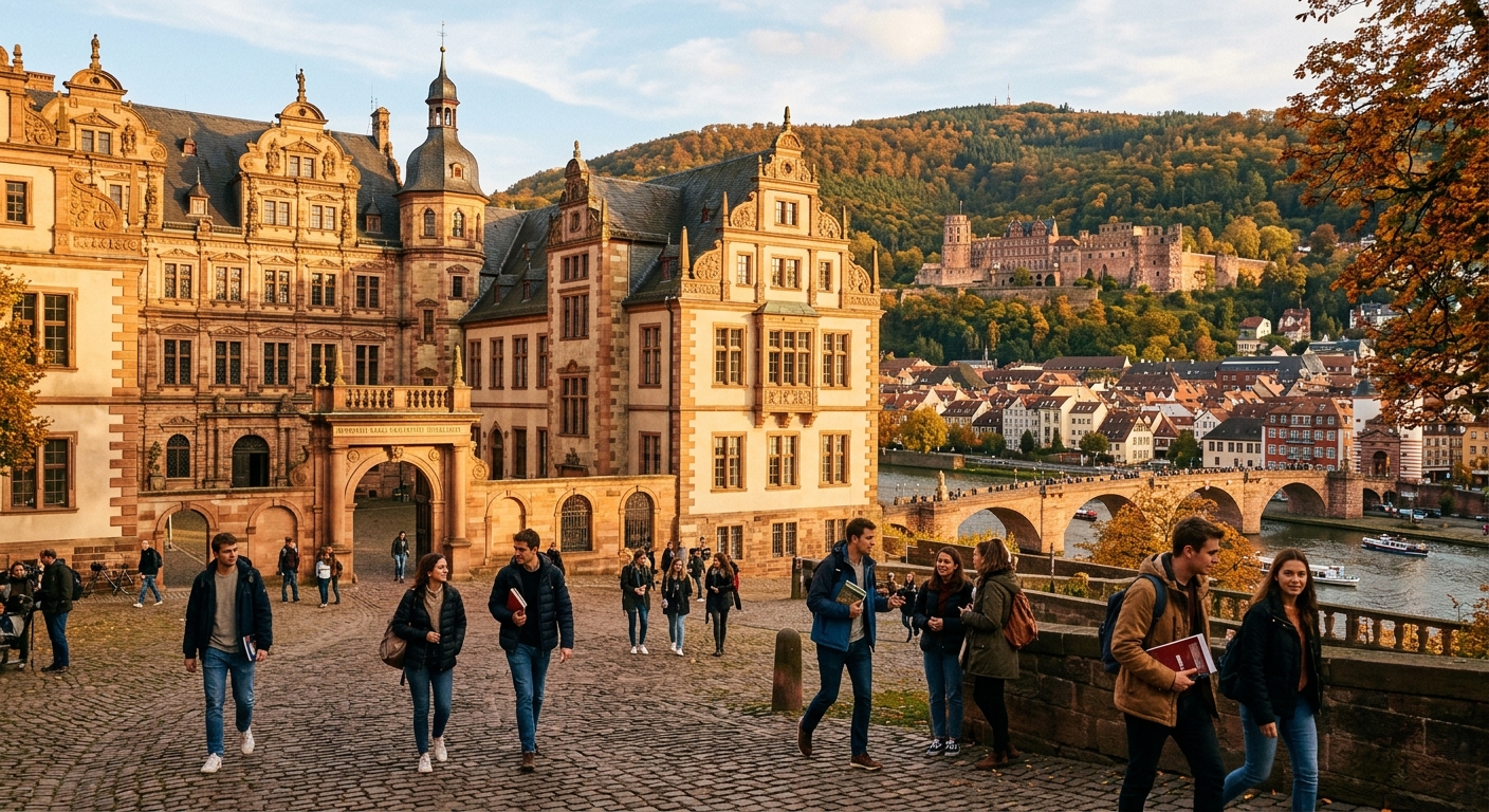 Historic Heidelberg University campus with sandstone buildings along the Neckar River, old town rooftops, Heidelberg Castle in the background, students walking through cobblestone courtyard, warm sunlight