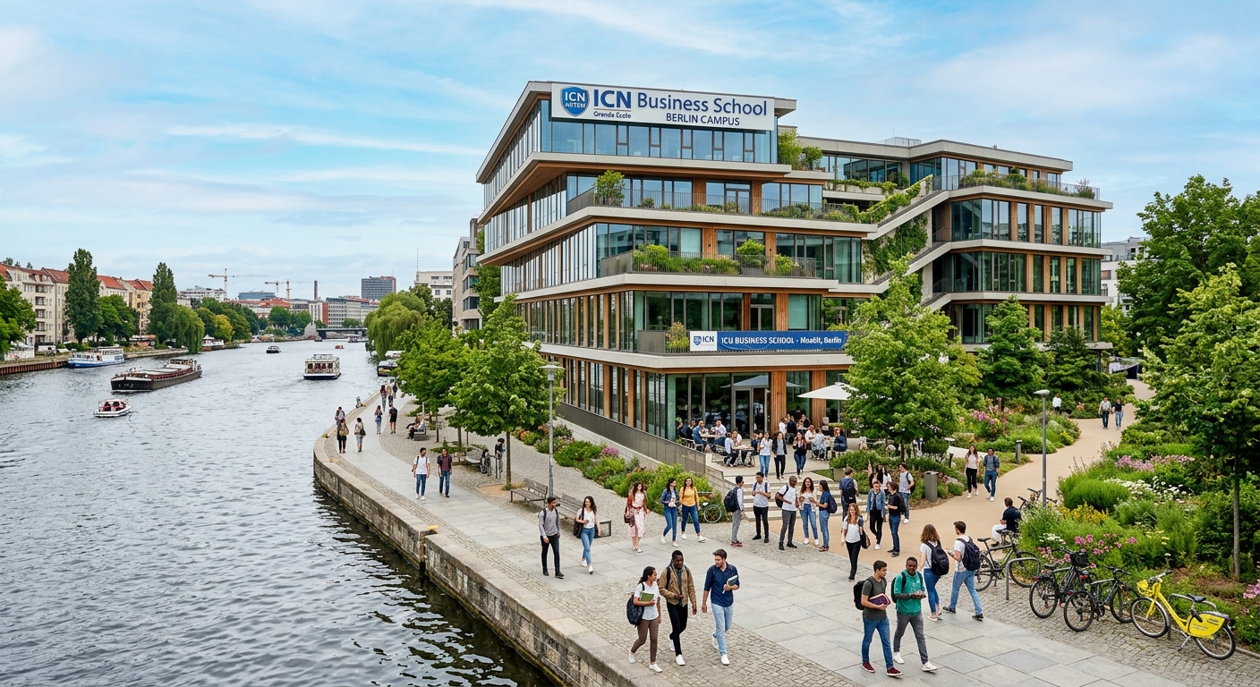 ICN Business School Berlin campus, modern European building along the River Spree in Moabit district, contemporary design with green surroundings, international student atmosphere