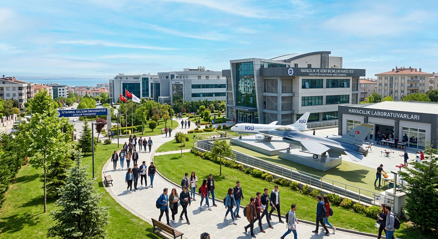 Istanbul Gelisim University modern campus in Avcilar district with aviation laboratory buildings, aircraft models on display, and students walking through green pathways under clear blue sky