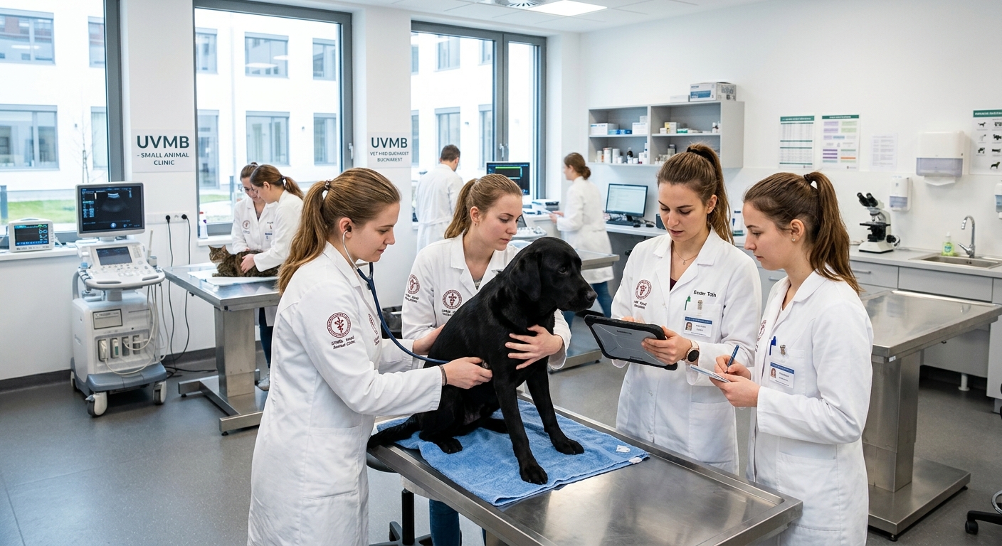 Modern Small Animal Clinic at UVMB, bright clinical interior with veterinary examination tables, diagnostic equipment, veterinary students in white coats examining a dog