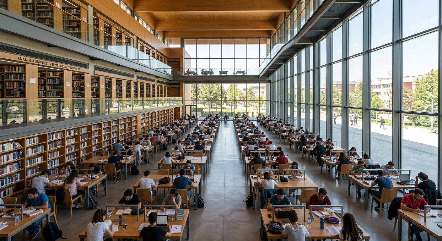 Anadolu University central library interior, spacious modern reading halls with natural light, rows of bookshelves, students studying at desks