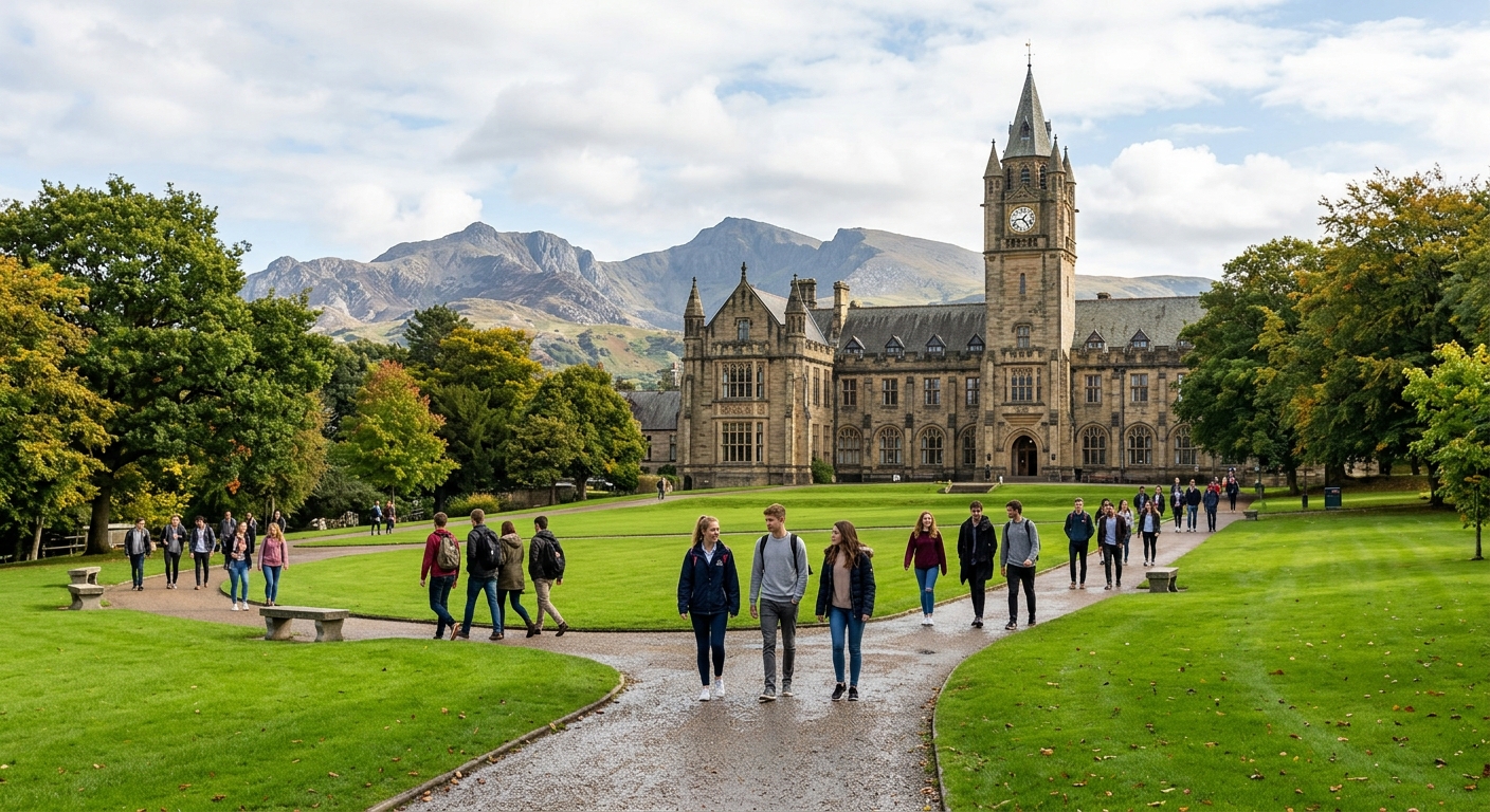 Bangor University historic main building with clock tower surrounded by green lawns, Snowdonia mountains visible in the background, students walking along pathways in North Wales