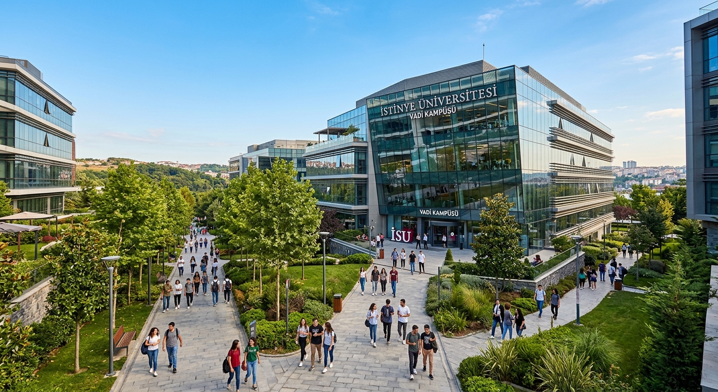 Modern Istinye University campus building in Istanbul Turkey with glass facades, students walking along tree-lined pathways, contemporary architecture blending with green landscaping under a clear blue sky