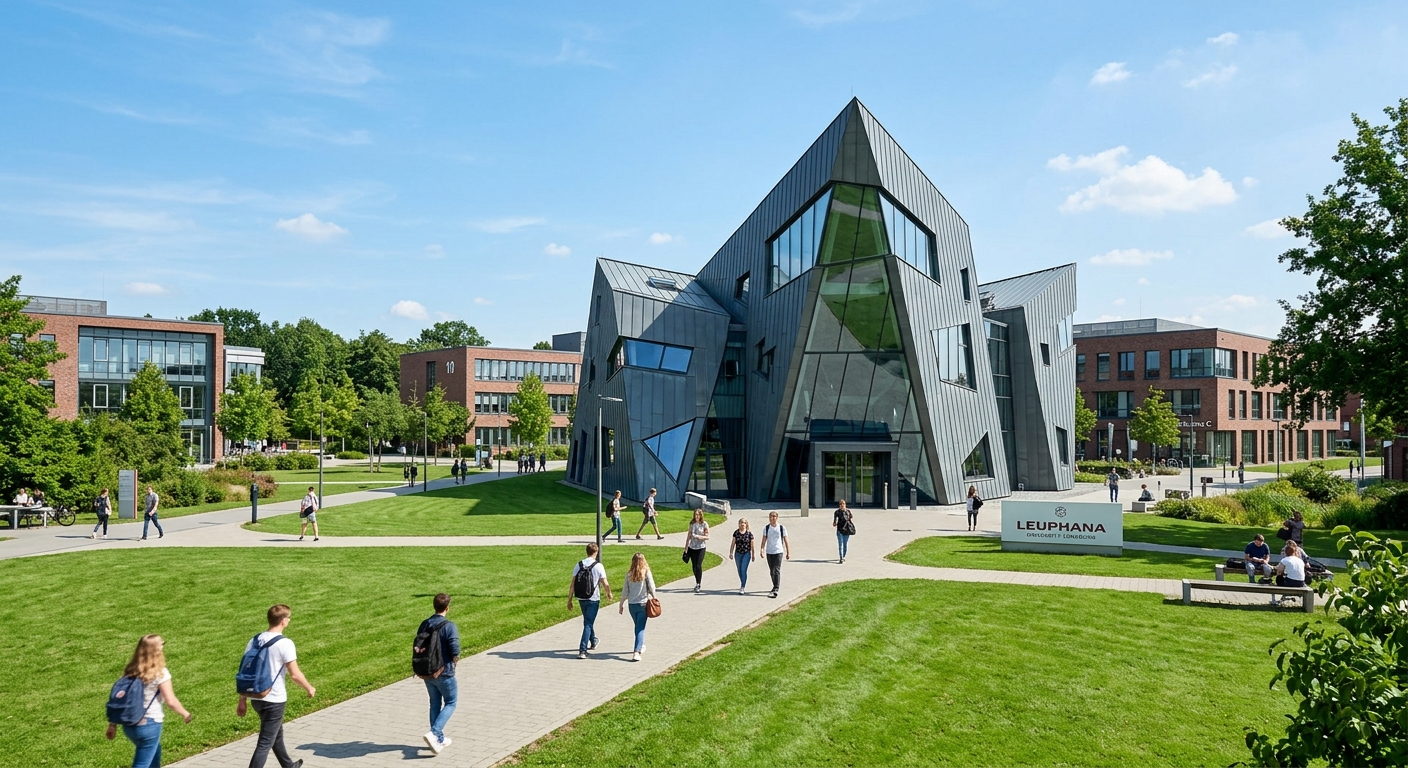 Modern Leuphana University campus in Lüneburg Germany with the iconic Daniel Libeskind-designed central building, green lawns, students walking between contemporary academic buildings under clear skies