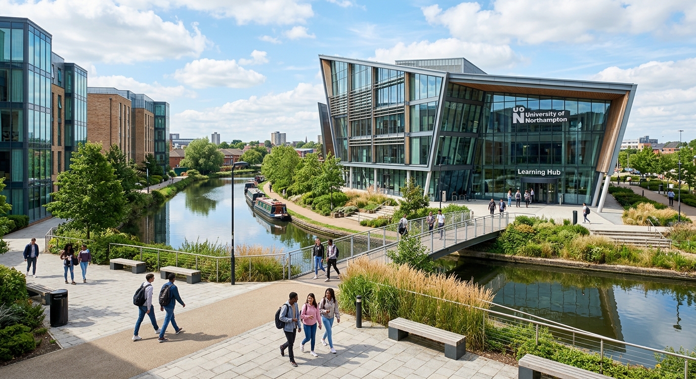 Modern Waterside Campus of the University of Northampton, featuring contemporary glass and steel architecture alongside a canal, students walking across a landscaped courtyard with the Learning Hub building in the background under a bright sky
