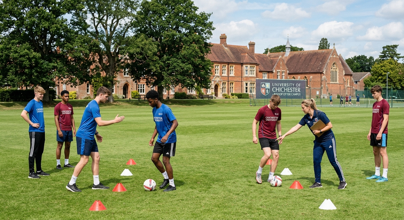 University of Chichester Bishop Otter campus sports facilities, students in PE kit practicing coaching drills on green playing fields with historic campus buildings in the background, bright daylight
