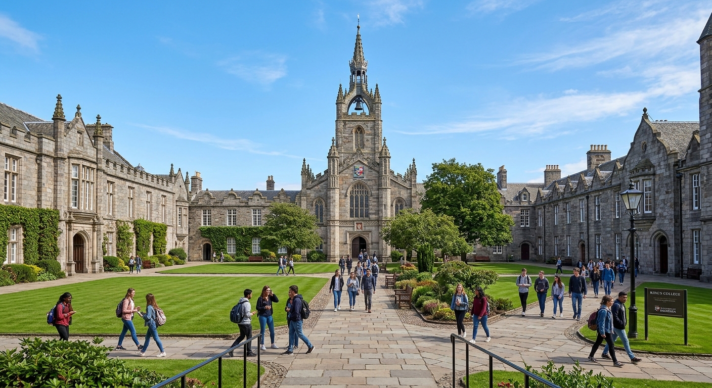 Historic granite campus of the University of Aberdeen with the iconic King's College Chapel tower, green lawns, and students walking along pathways under a clear Scottish sky