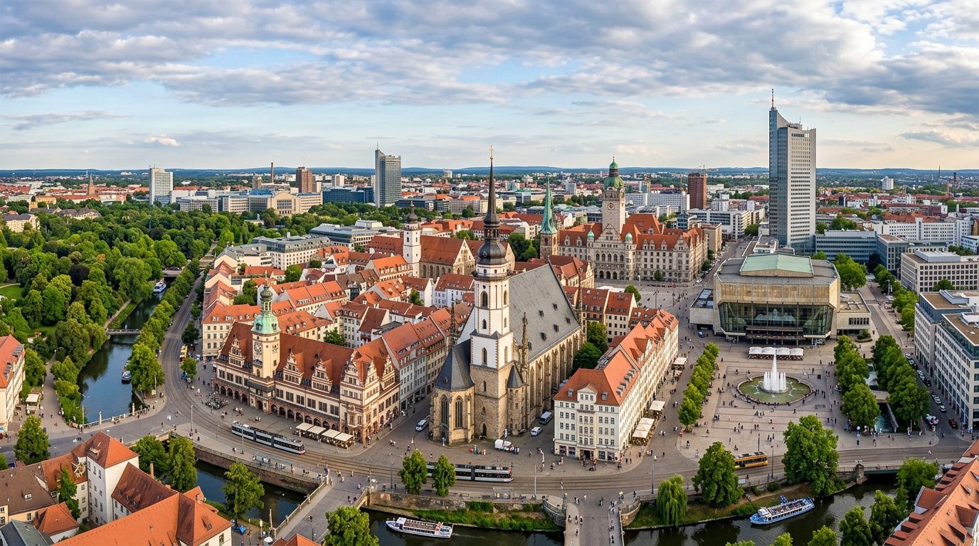 Leipzig city skyline panorama, historic old town with St Thomas Church, Gewandhaus concert hall, modern buildings, green parks, vibrant European city atmosphere