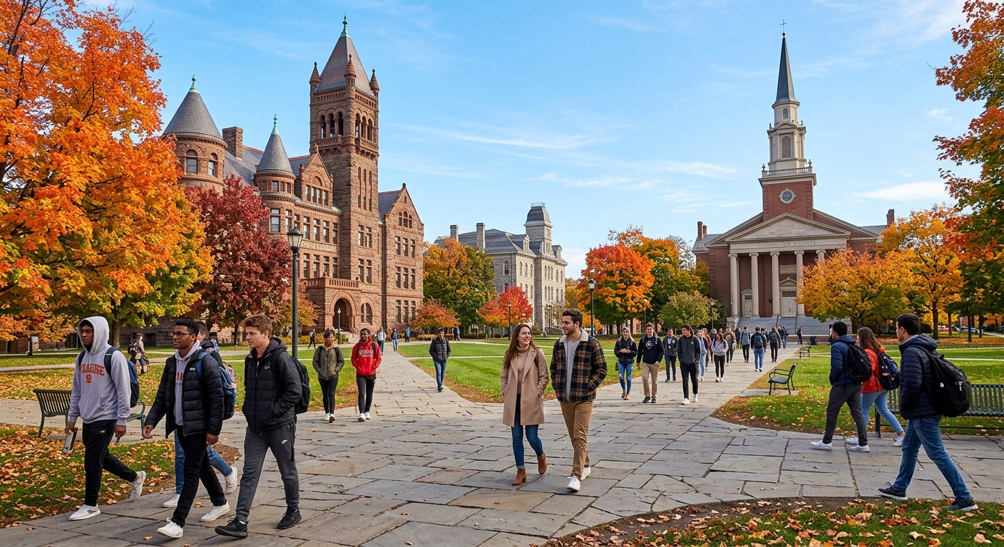 Syracuse University campus in autumn with orange and red foliage, Crouse College and Hendricks Chapel visible, students walking along pathways between historic stone buildings under clear blue sky