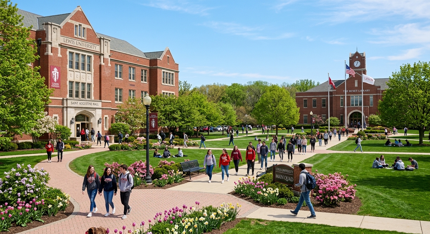 Lewis University main quad with students walking between red brick academic buildings, lush green trees, spring flowers blooming, clear blue sky