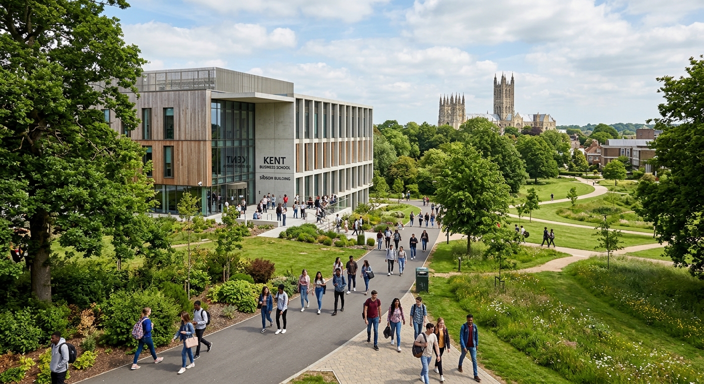 Canterbury campus of University of Kent, modern Sibson building housing Kent Business School, green parkland setting with historic Canterbury Cathedral visible in the background, students walking along tree-lined pathways