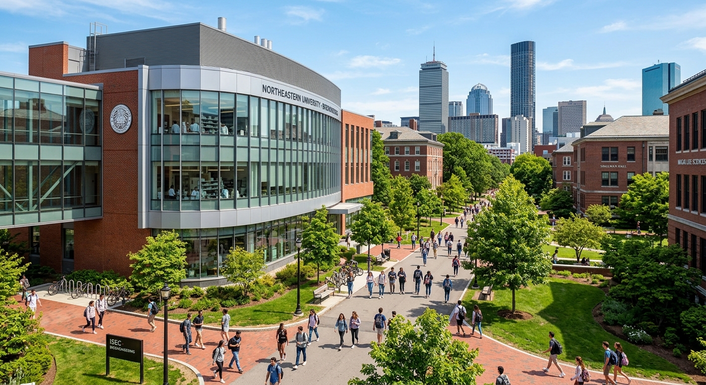 Northeastern University Boston campus with modern bioengineering laboratory building, red brick architecture, students walking on tree-lined paths, urban skyline in background, sunny day
