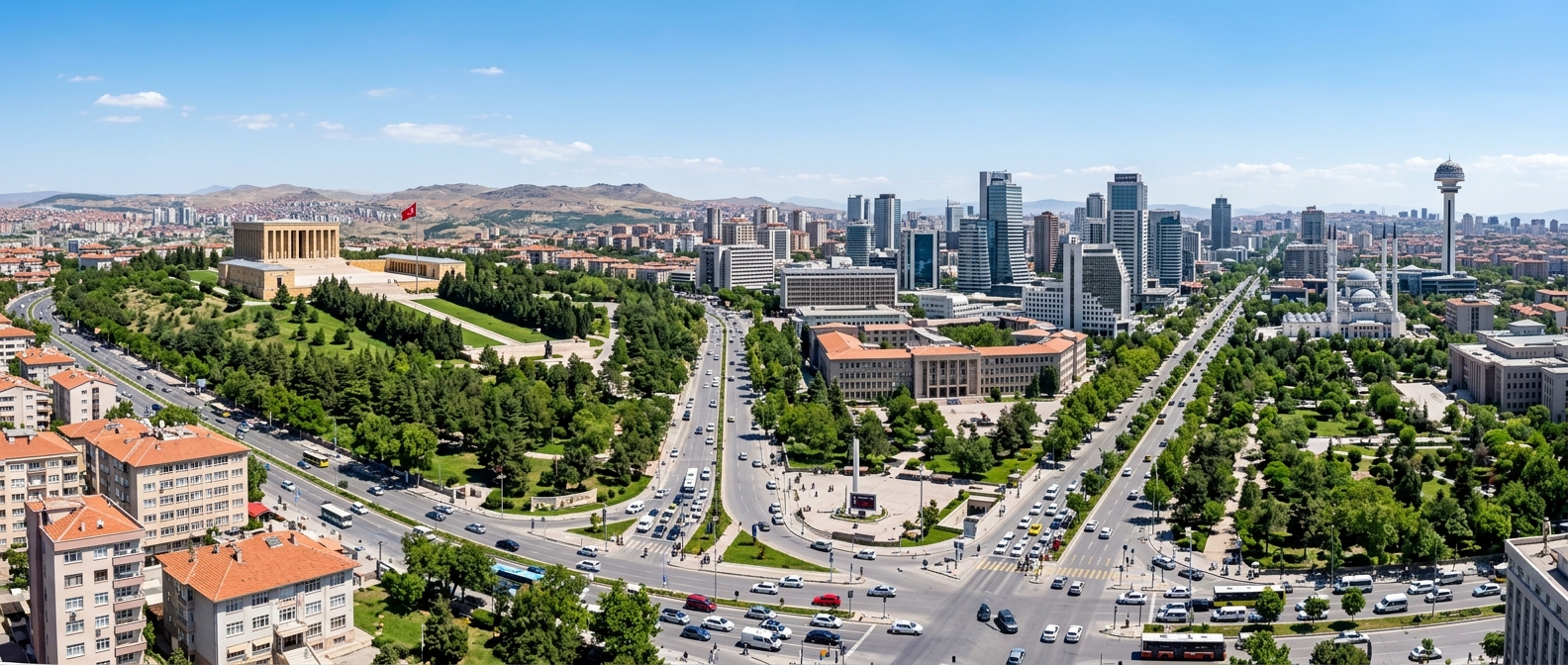 Panoramic view of Ankara cityscape featuring Anitkabir mausoleum, modern high-rise buildings, wide boulevards, green parks, clear sky, Turkish capital city atmosphere