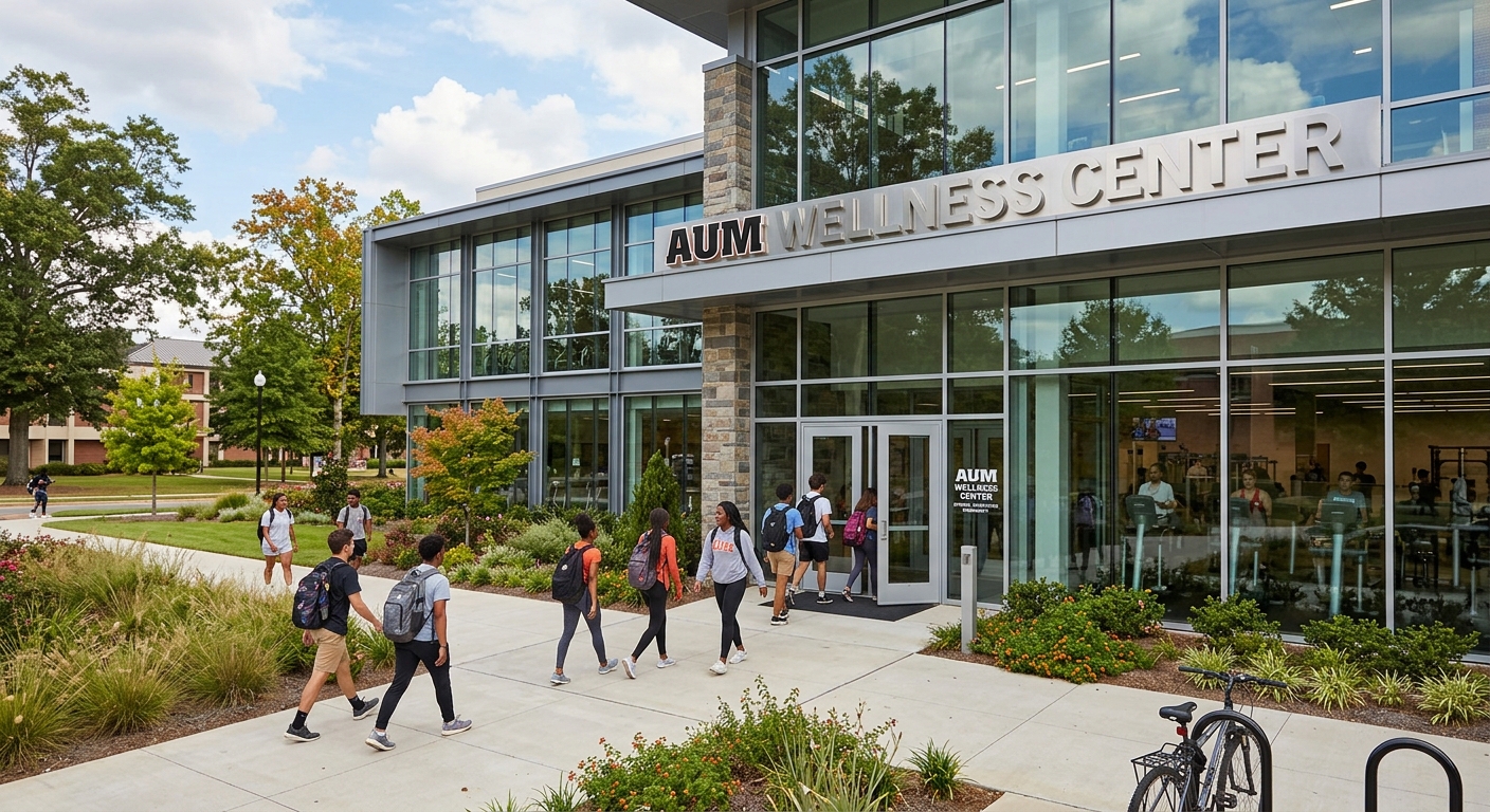 AUM Wellness Center exterior, modern fitness and recreation facility with large glass windows, students entering the building, landscaped surroundings