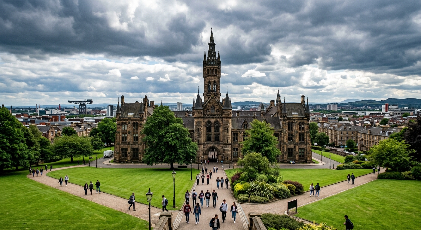 Historic Gothic revival main building of the University of Glasgow on Gilmorehill campus, with green lawns in foreground, students walking along pathways, dramatic Scottish sky with clouds, Glasgow cityscape visible in background
