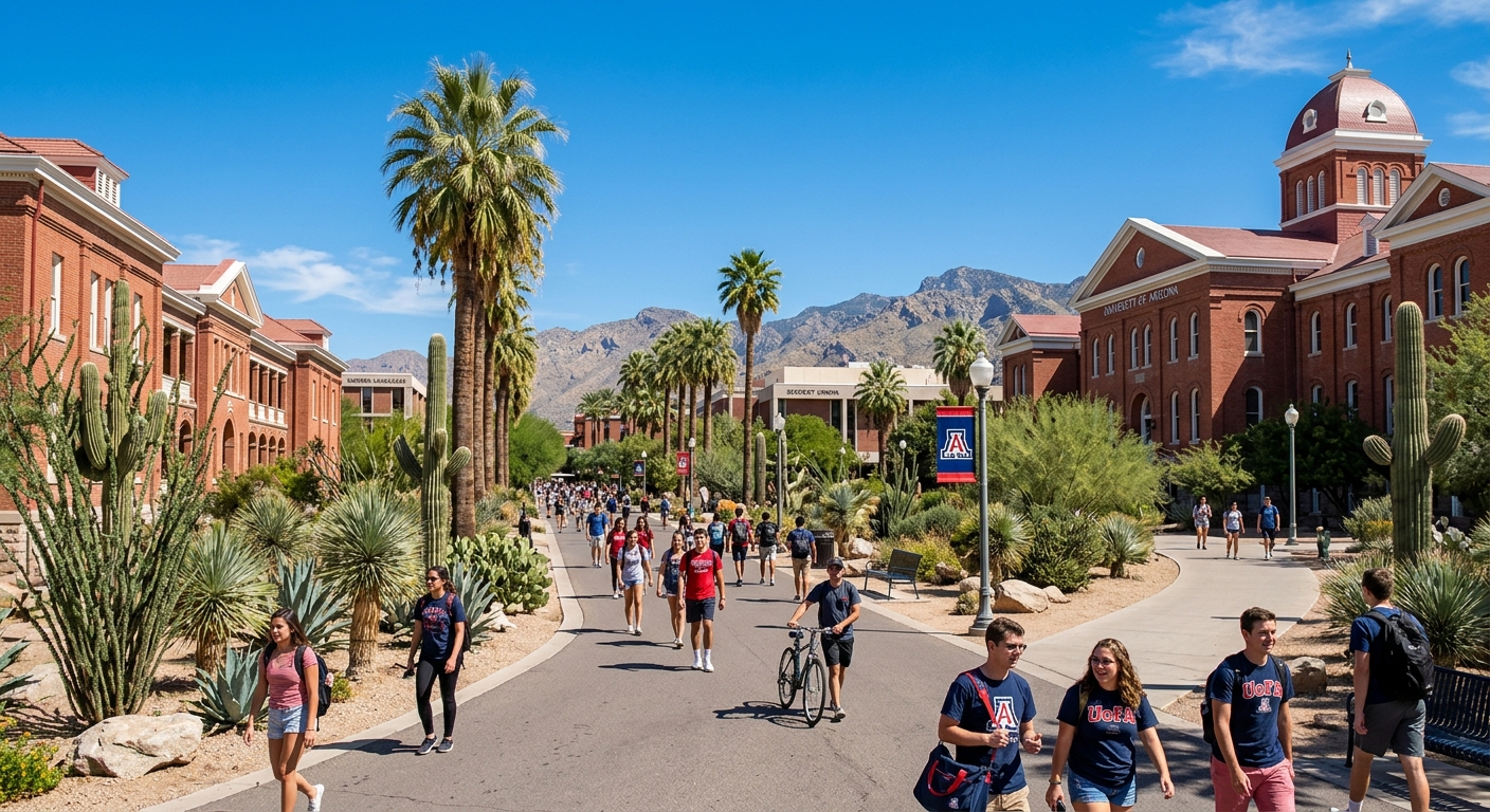 University of Arizona campus in Tucson with red brick buildings, desert landscaping, palm trees, and students walking along pathways under bright blue skies