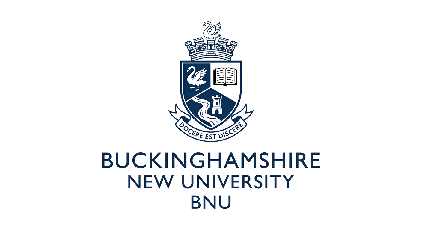 Buckinghamshire New University official logo, BNU crest with shield emblem and university name in dark blue text on white background