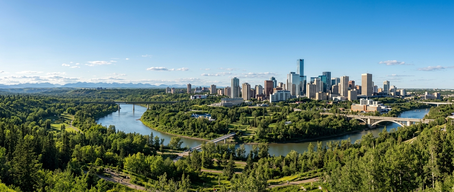 Edmonton Alberta skyline panorama, North Saskatchewan River valley, modern downtown buildings, green river valley parks, clear blue sky with distant Rocky Mountain foothills