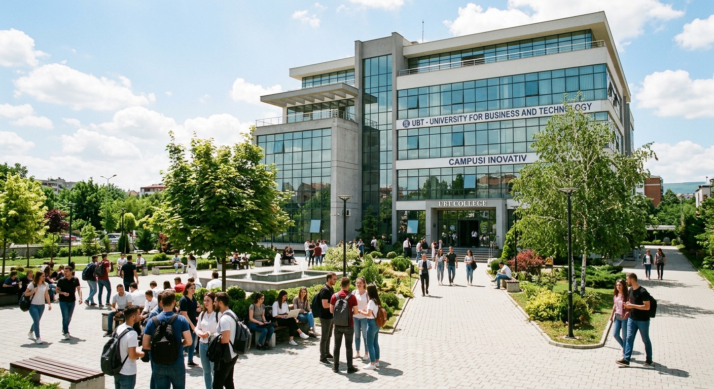 UBT College main campus Prishtina, modern multi-story academic building with glass windows, students gathering in courtyard, green trees and walkways, bright daylight