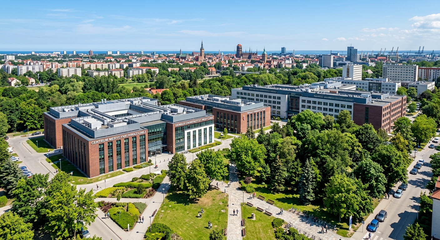 Medical University of Gdansk campus wide shot, modern medical faculty buildings and the Invasive Medicine Centre surrounded by green trees, Gdansk cityscape in background, clear sky
