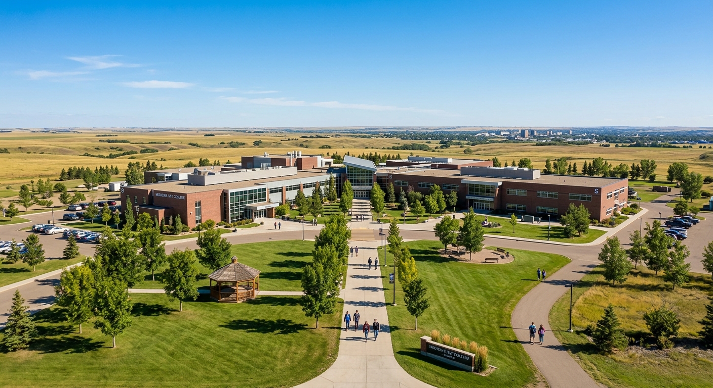 Medicine Hat College campus wide shot, modern low-rise buildings surrounded by open prairie landscape, clear blue sky, southeastern Alberta setting with walking paths and green lawns
