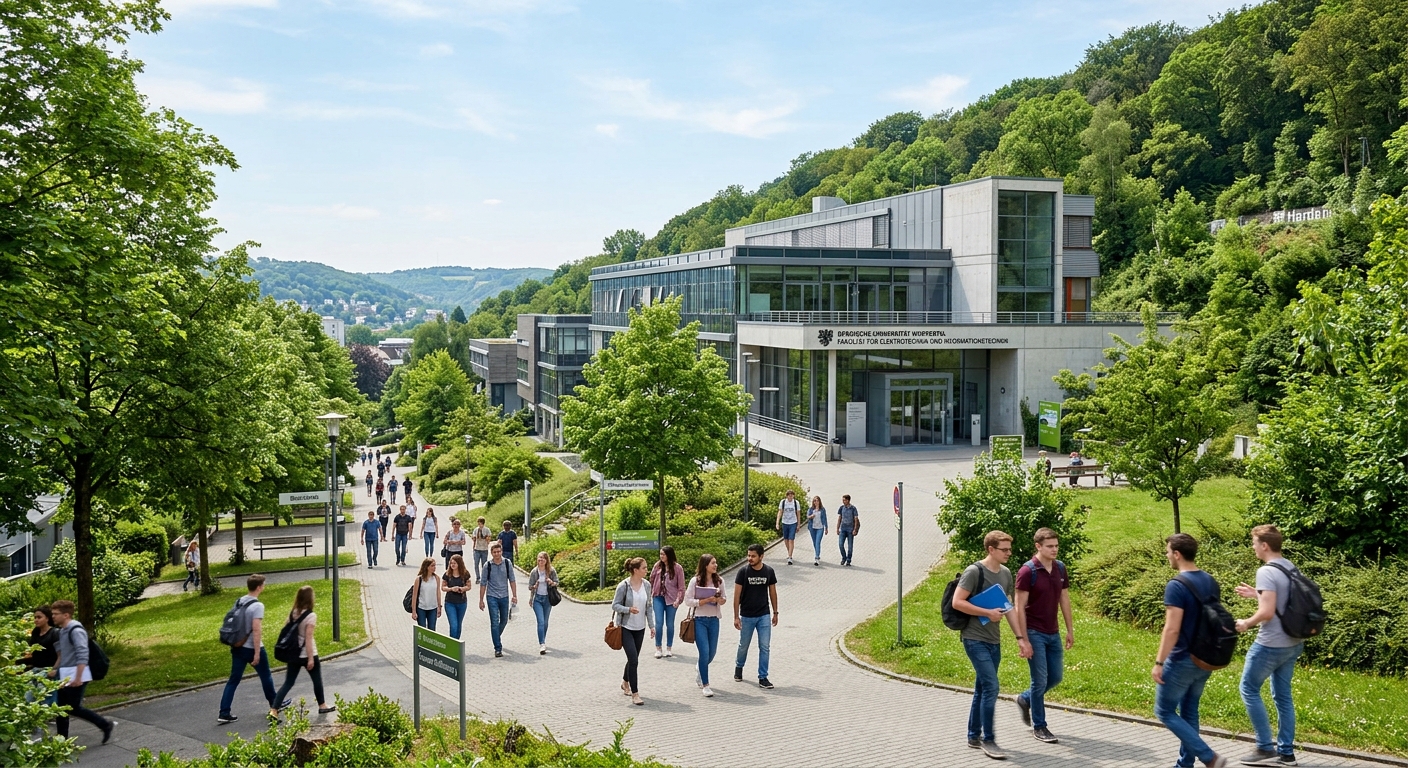Modern university campus building at the University of Wuppertal, Faculty of Electrical Engineering and Information Technology, with students walking along tree-lined pathways, green hillside setting in North Rhine-Westphalia, Germany