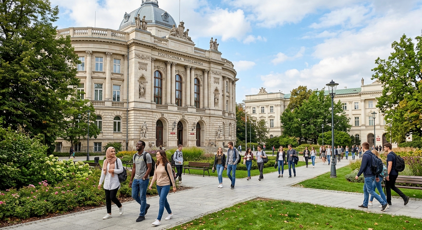 Warsaw University of Technology main campus building with classical architecture, international students walking on pathways, lush green surroundings, modern educational atmosphere in Warsaw Poland