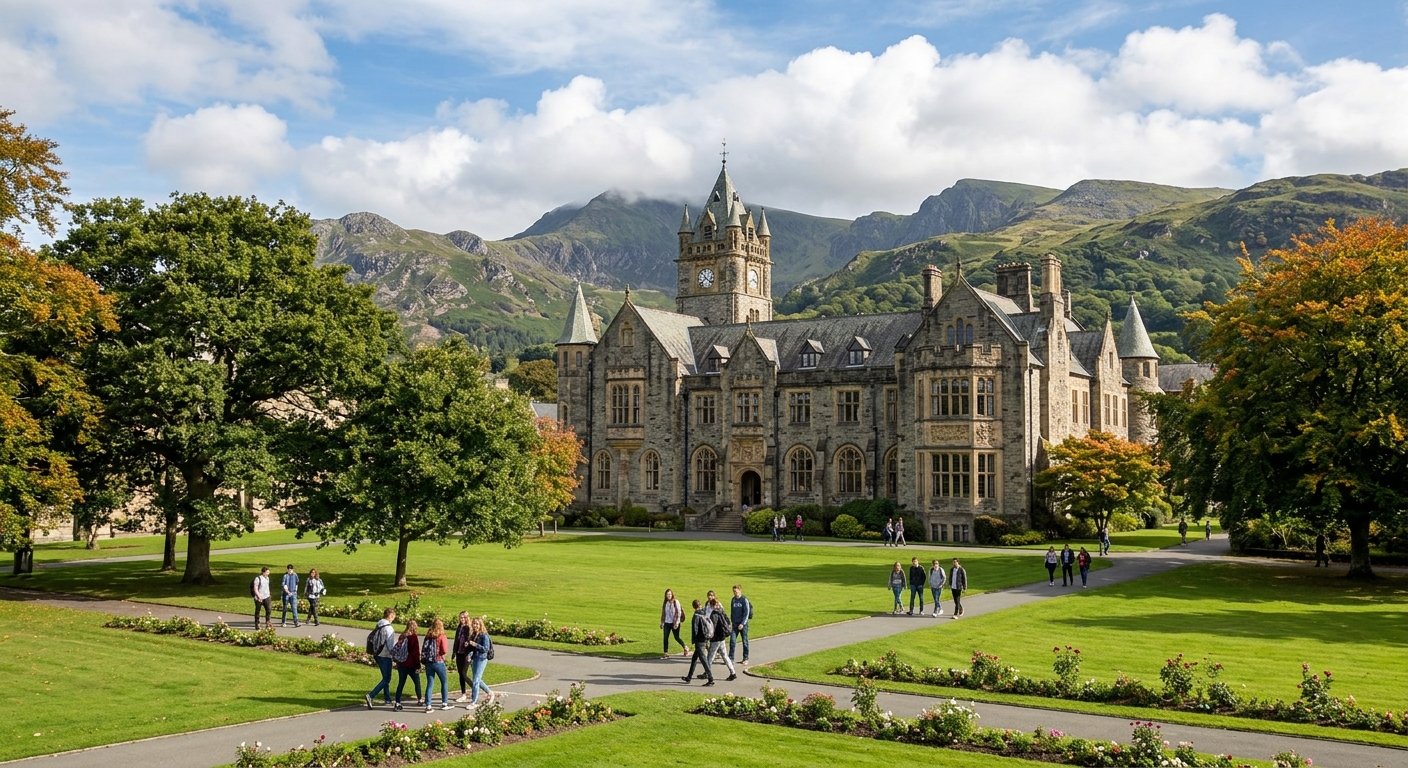 Bangor University main building with historic Victorian architecture, green lawns, and the mountains of Snowdonia visible in the background under a clear blue sky, students walking along campus pathways