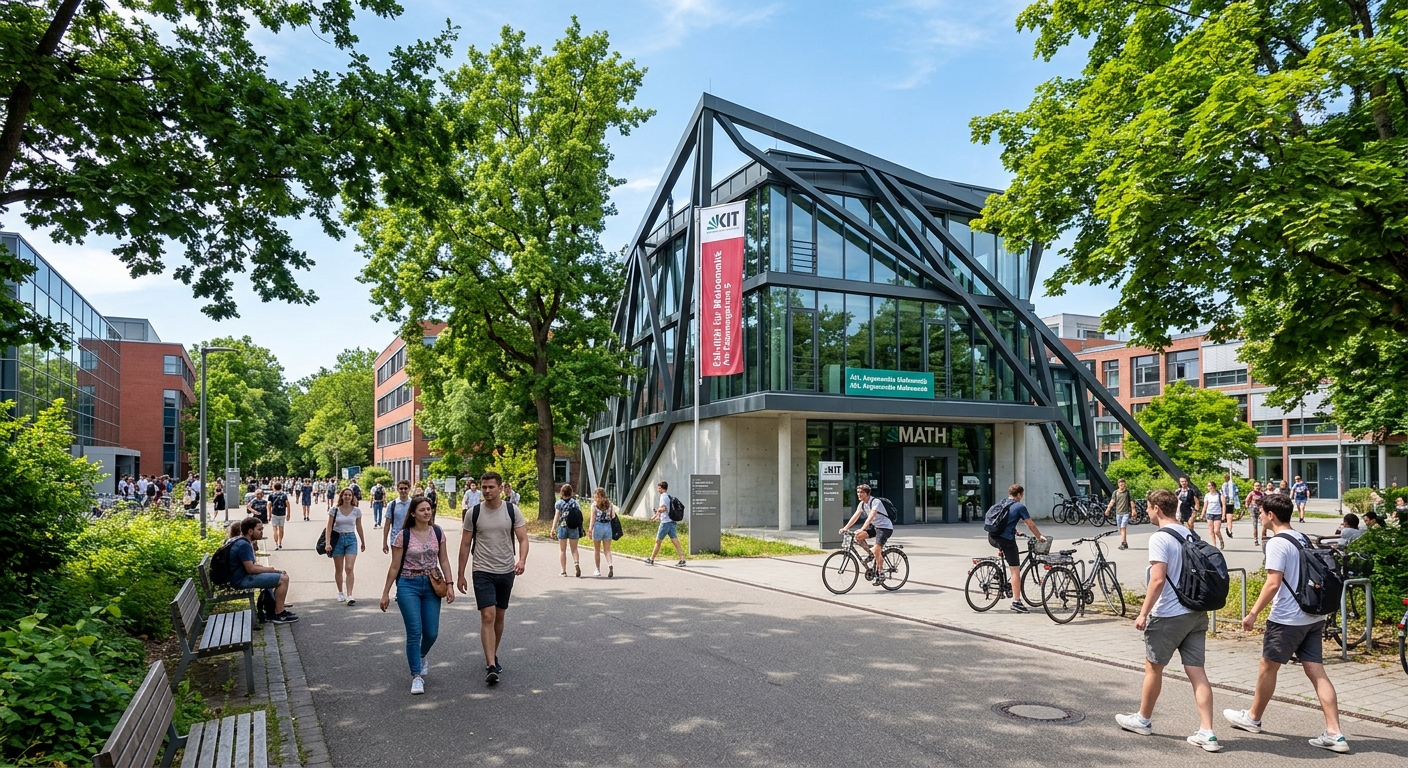 Karlsruhe Institute of Technology campus with modern lecture buildings, tree-lined pathways, and students walking near the Faculty of Mathematics, bright sunny day in Karlsruhe Germany