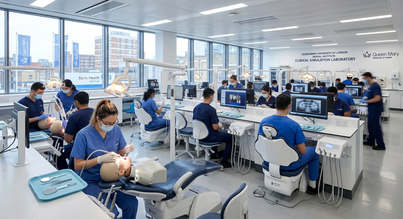 Modern dental teaching hospital at Queen Mary University of London, clinical simulation laboratory with dental chairs, students practicing on dental mannequins, bright clinical environment with advanced dental equipment, Whitechapel campus setting