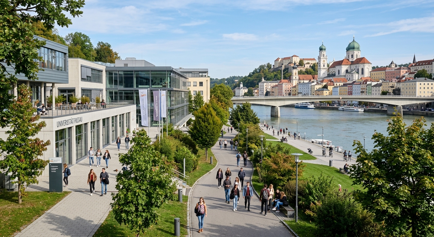 Modern university campus along the Inn River in Passau, Germany, with contemporary lecture buildings surrounded by lush greenery, students walking on tree-lined pathways, historic baroque old town visible in the background