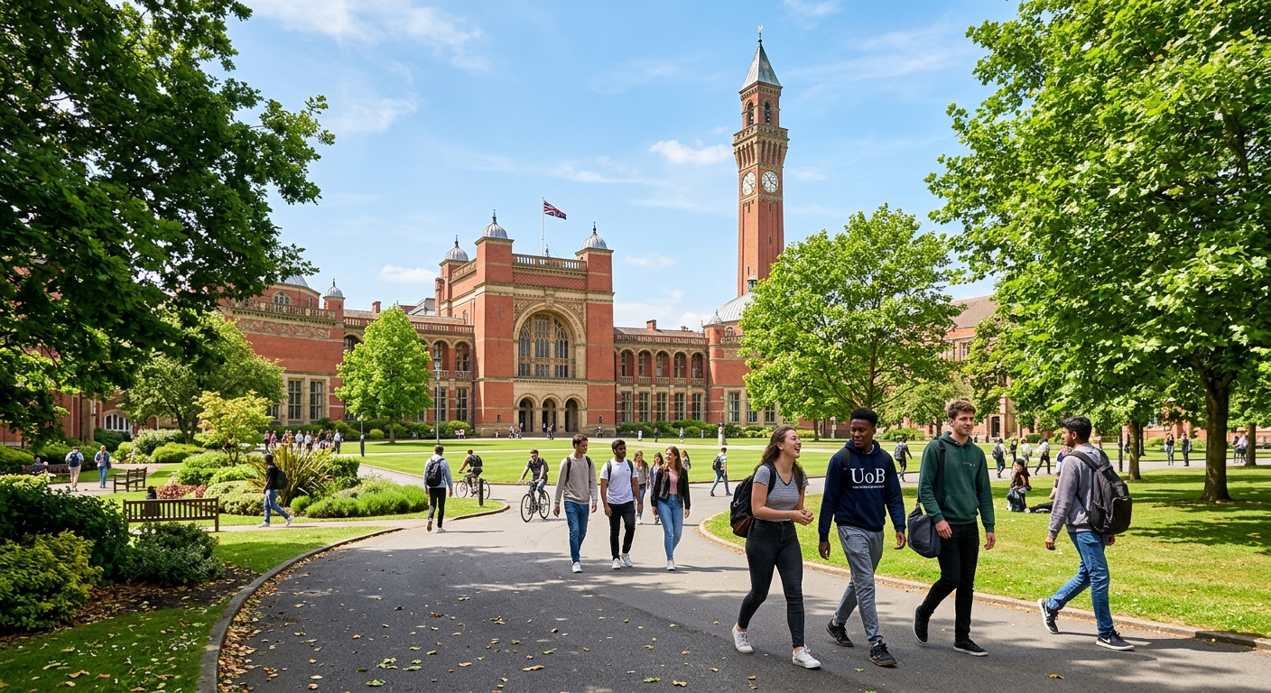 University of Birmingham iconic red-brick Aston Webb building with clock tower, green campus grounds, students walking along tree-lined pathways under a clear sky