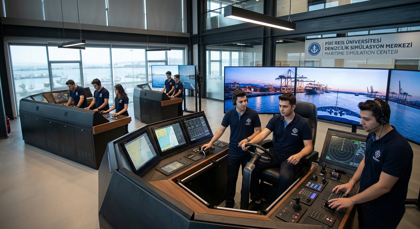 Piri Reis University maritime simulation center with advanced navigation bridge simulators, students operating ship controls on large display screens, modern training environment
