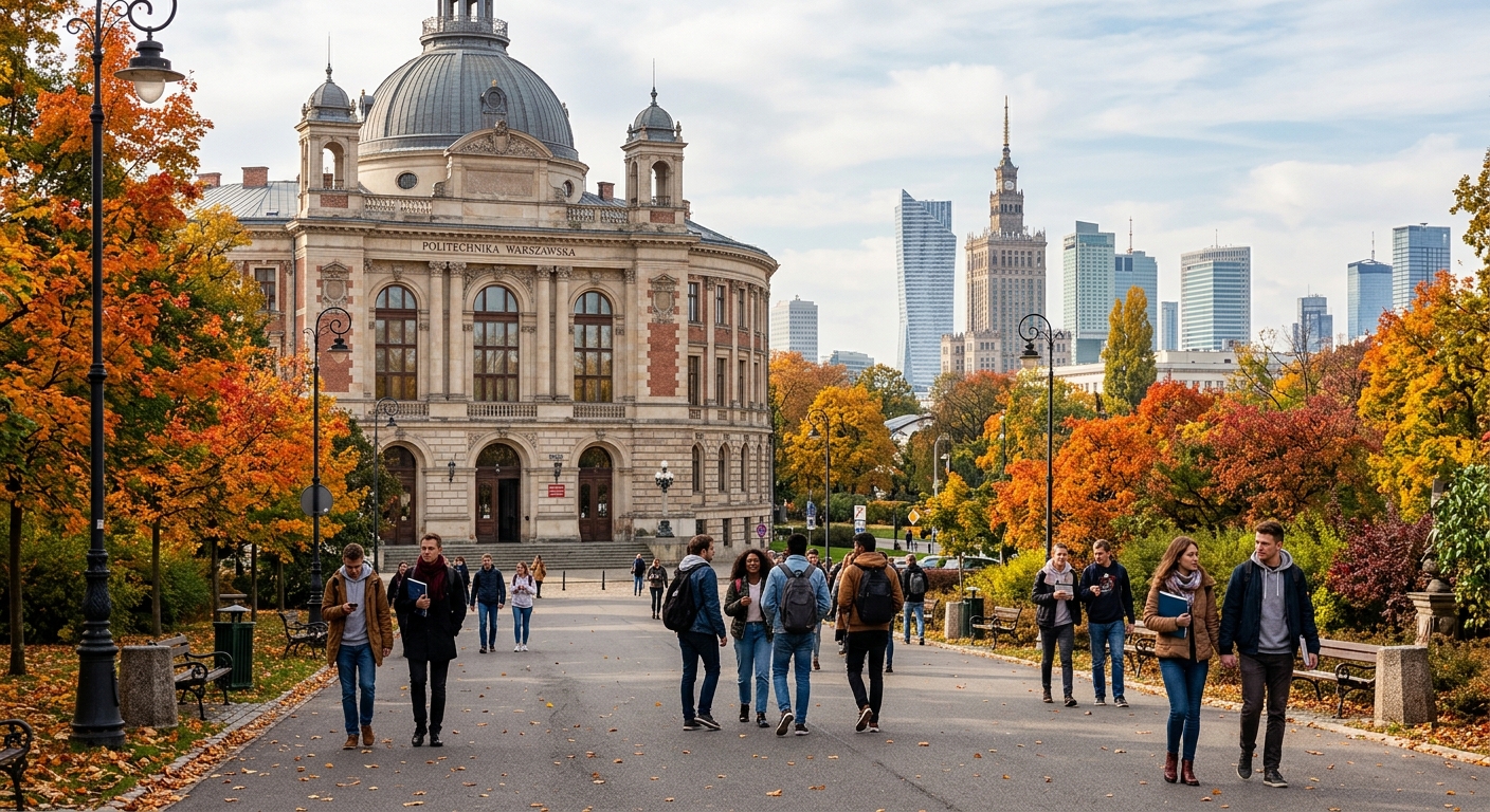 Modern campus building of Warsaw University of Technology with classical architecture, students walking through tree-lined pathways, Warsaw city skyline in background, autumn atmosphere