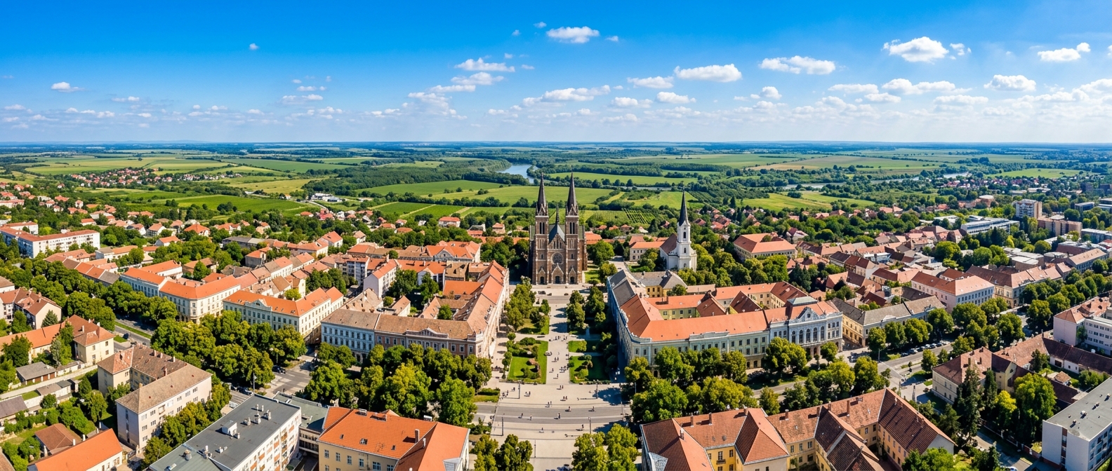 Panoramic view of Nyíregyháza city center in Hungary showing historic buildings, tree-lined boulevards, church spires, and the surrounding green Hungarian Great Plain landscape under blue sky