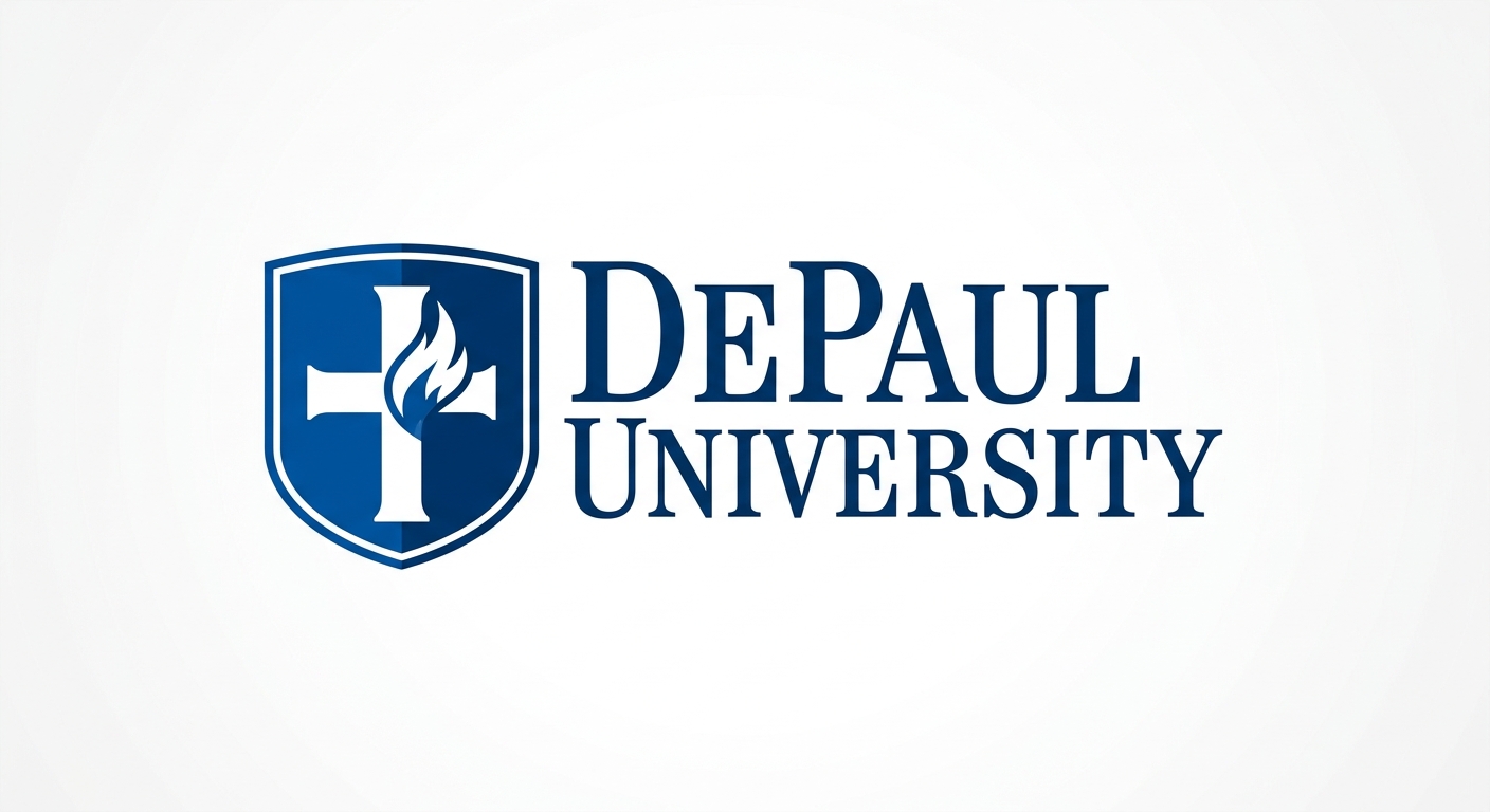 DePaul University official logo, blue shield with cross and flame emblem, university name in serif font, white background