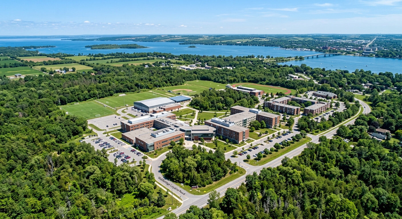 Aerial view of Loyalist College 200-acre wooded campus in Belleville Ontario, modern college buildings surrounded by green trees, Bay of Quinte region landscape in background, clear blue sky