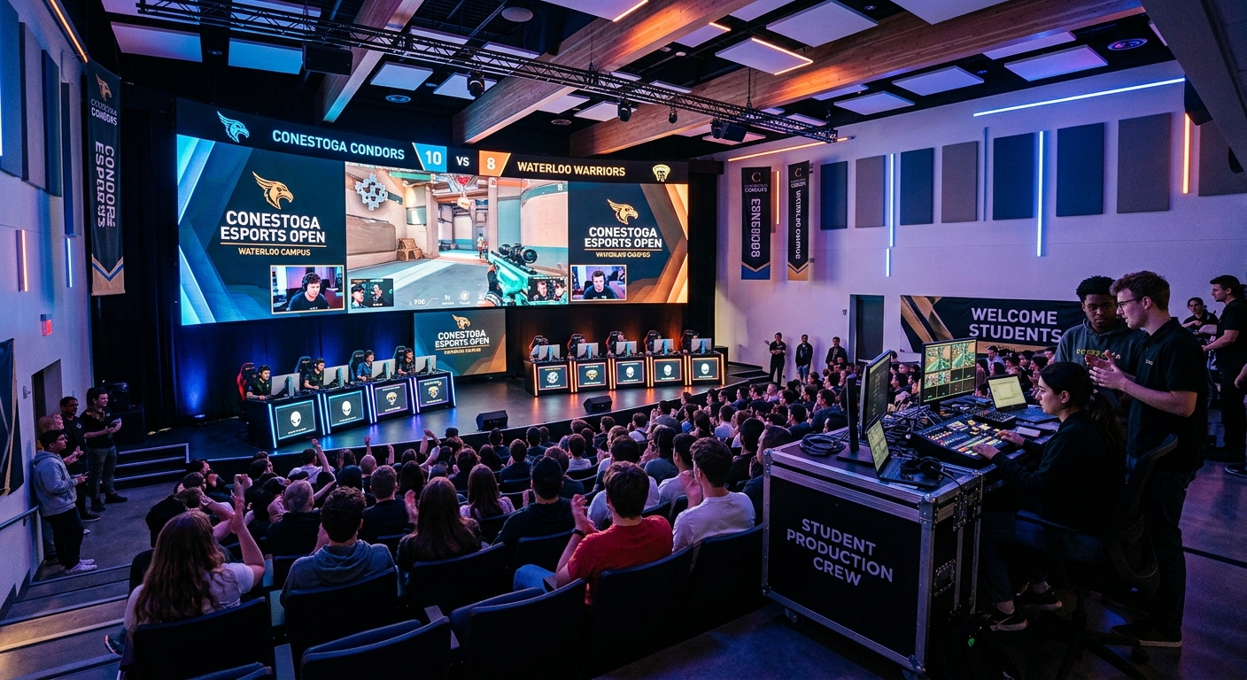 Modern esports arena at Conestoga College Waterloo campus with gaming stations, large LED screens displaying competitive gameplay, colorful ambient lighting, and students collaborating on event production