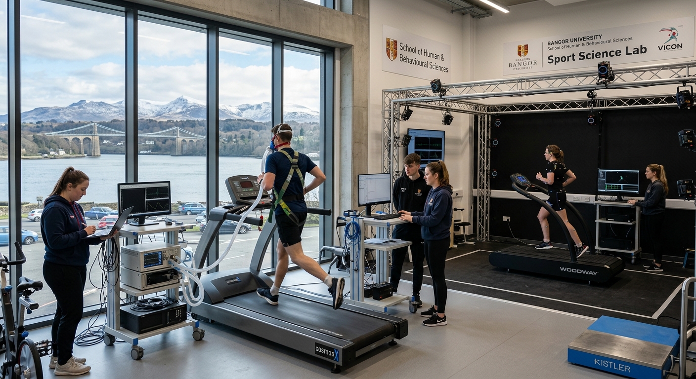 Modern sport science laboratory at Bangor University with students using physiological testing equipment, treadmills and motion capture technology, overlooking the Menai Strait and Snowdonia mountains through large windows