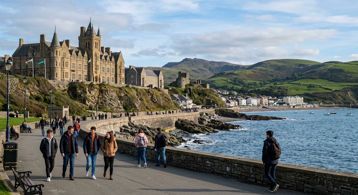 Aberystwyth University campus overlooking Cardigan Bay coastline, historic stone buildings with green hills in background, students walking along seaside promenade in Wales