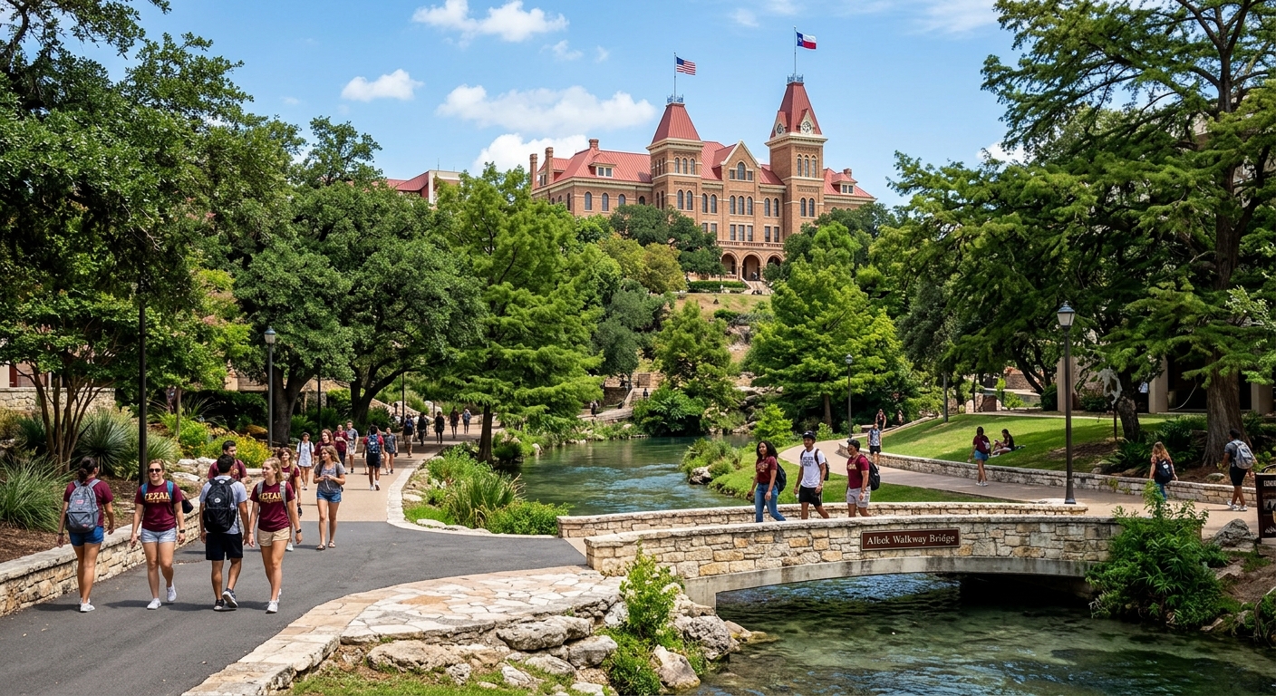 Texas State University campus in San Marcos with historic Old Main building, tree-lined walkways, students walking near the San Marcos River on a sunny day