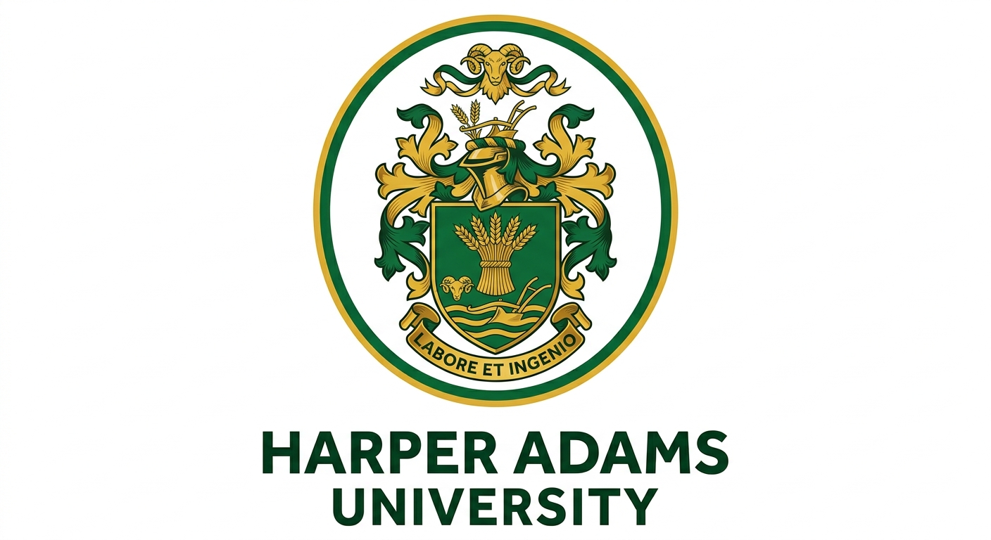 Harper Adams University official logo, green and gold crest with wheat sheaf emblem on white background