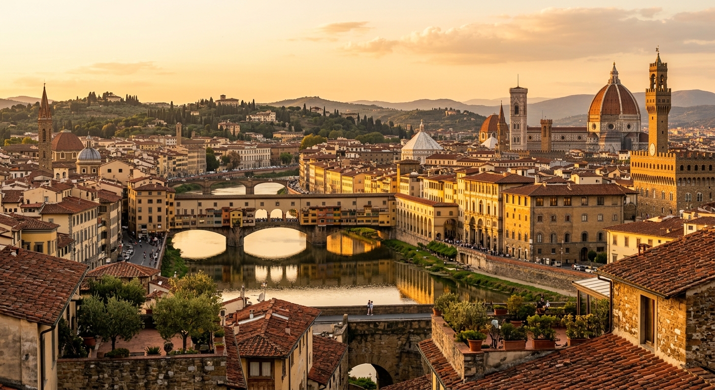 View from ESE Florence campus area showing Ponte Vecchio bridge over the Arno River, Florentine rooftops, Renaissance architecture, golden hour lighting